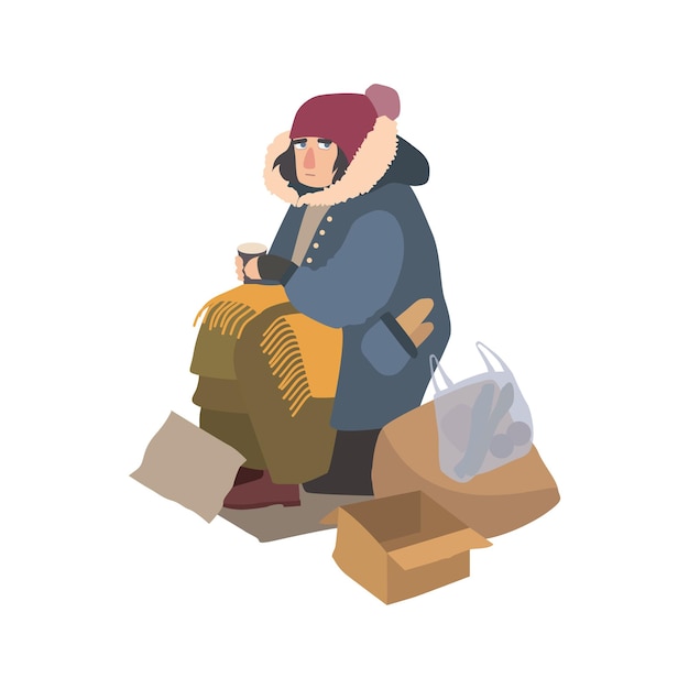 Plik wektorowy biedna bezdomna kobieta ubrana w podartą odzież wierzchnią, siedząca na ulicy obok sterty śmieci, trzymająca papierowy kubek i błagająca o pieniądze. postać z kreskówki na białym tle. ilustracja wektorowa.