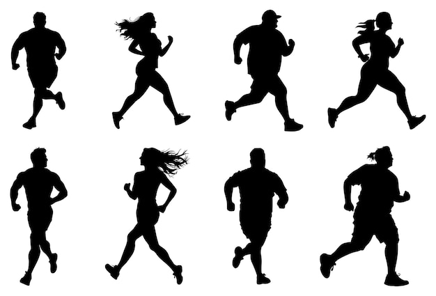 Plik wektorowy bieg zestaw sylwetek biegających mężczyzn i kobiet aktywni ludzie