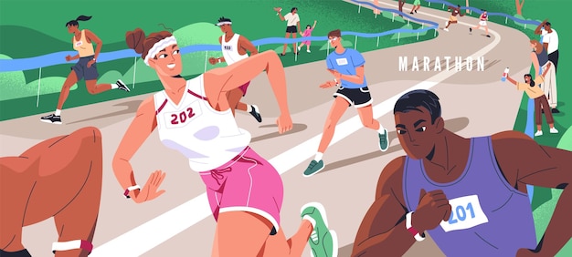 Biegowcy biegną, by wygrać w sprincie maratonowym, biegacze w odzieży sportowej biegają w wyścigach sportowych, sportowcy rzucają wyzwanie biegania na długich odległościach w międzynarodowych zawodach latem.