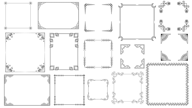 Big Set Black Simple Line Frame Collection Doodle Square Floral Frame Elements Vector Design Style