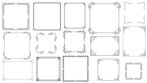 Big Set Black Simple Line Frame Collection Doodle Square Floral Frame Elements Vector Design Style