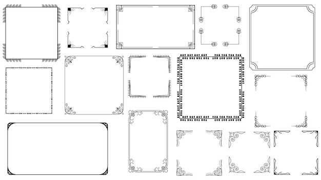 Big Set Black Simple Line Frame Collection Doodle Square Floral Frame Elements Vector Design Style