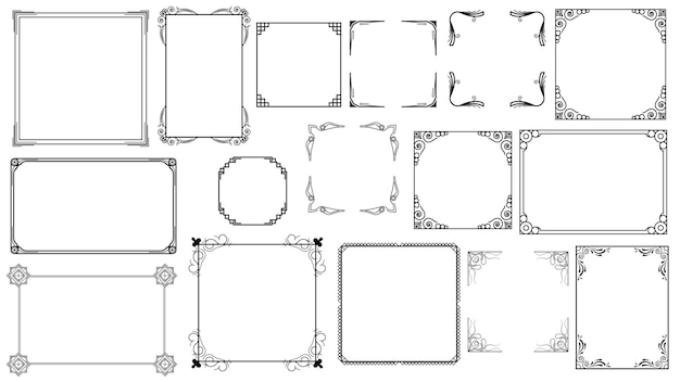 Big Set Black Simple Line Frame Collection Doodle Square Floral Frame Elements Vector Design Style