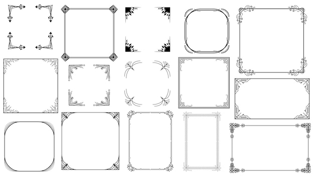 Big Set Black Simple Line Frame Collection Doodle Square Floral Frame Elements Vector Design Style