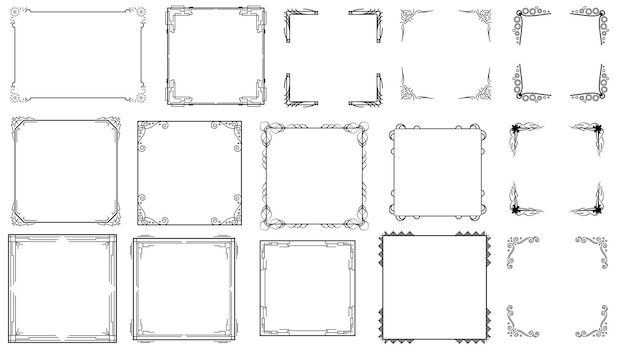 Big Set Black Simple Line Frame Collection Doodle Square Floral Frame Elements Vector Design Style