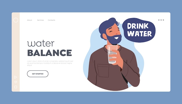Bilans Wodny Szablon Strony Docelowej Męski Charakter Pić Wodę Szczęśliwy Sprawny Mężczyzna Cieszący Się Orzeźwiającym Napojem