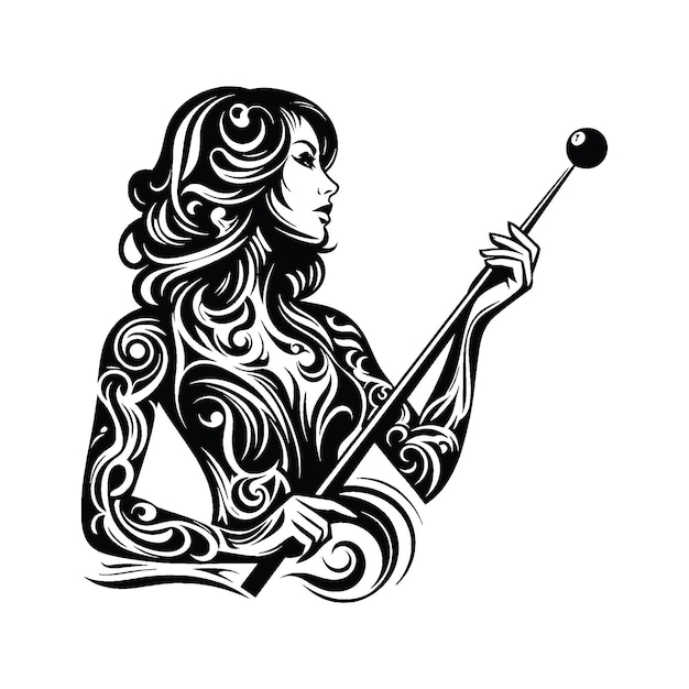 Bilard Snooker zawodniczka w etnicznym wzorze plemiennym ilustracja emblema tarcza odznaka
