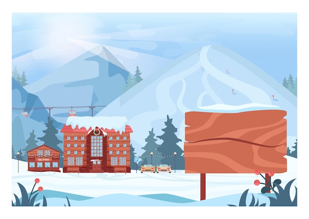 Plik wektorowy billboard ośrodka narciarskiego. wioska zimowa z hotelem i trasami narciarskimi i wyciągami.