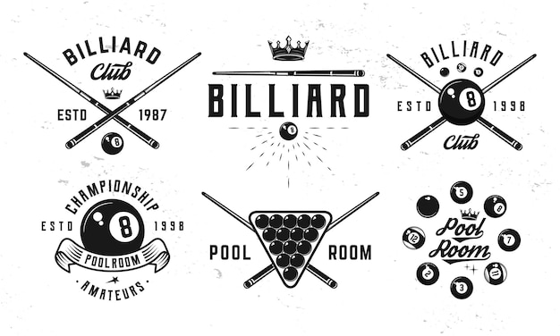 Billiard 8ball logo zestaw 6 emblematów bilardowych z kulkami białymi, koroną i ikonami banerów