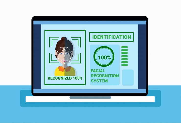 Wektor biometria system ochrony laptop skanowanie twarz kobiety, koncepcja rozpoznawania twarzy