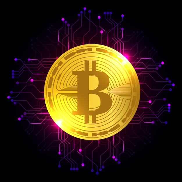 Bitcoin kryptowaluta w futurystycznej koncepcji na ciemnym tle ilustracji wektorowych