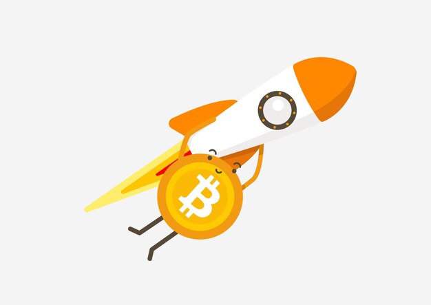 Bitcoin Leci Na Księżyc Lecąc Rakietą. Koncepcja Kreskówka Kryptowaluty.