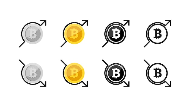 Bitcoin ze strzałką ustaw ikonę Stat cripto portfel infografika księgowość worek pieniędzy moneta blockchain internet chmura funkcje przechowywania online wymiana Wektor linia ikona na białym tle