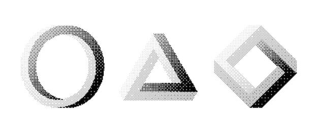 Bitmap niemożliwe kształty zestaw Dither półton geometrycznych obiektów zbiór Czarny teksturowany trójkąt