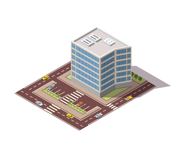 Biura izometryczny Architektura budynku fasada centrum biznesowego Element infograficzny Wektor architektoniczny ilustracja 3d Kompozycja domu miejskiego z drogami