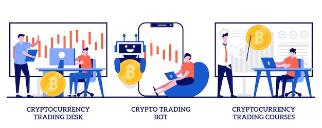 Plik wektorowy biuro i kursy handlu kryptowalutami, koncepcja bota do handlu kryptowalutami z małymi ludźmi