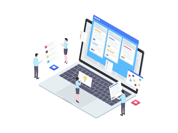 Biznes ilustracja izometryczny przepływu pracy. Nadaje się do aplikacji mobilnych, stron internetowych, banerów, diagramów, infografik i innych zasobów graficznych.