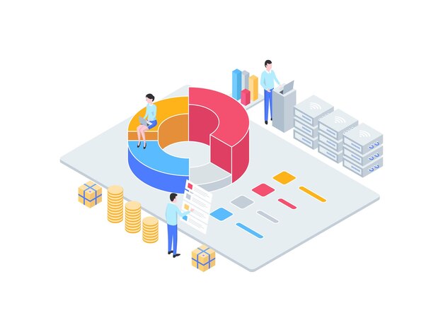 Biznes Izometryczny Ilustracja Analityczna. Nadaje Się Do Aplikacji Mobilnych, Stron Internetowych, Banerów, Diagramów, Infografik I Innych Zasobów Graficznych.