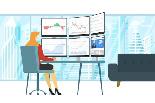 Biznes Kobieta Giełdowy Handlowiec W Miejscu Pracy, Patrząc Na Wiele Ekranów Komputerowych Z Wykresami Finansowymi, Diagramami I Wykresami. Koncepcja Analizy Indeksu Biznesowego. Handel Giełdowy żeński