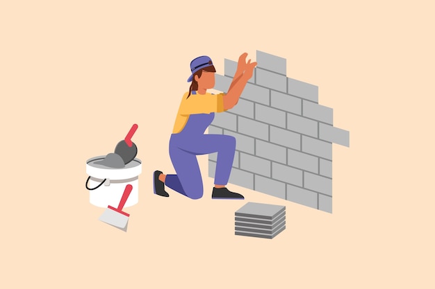 Biznes płaski kreskówka styl rysunek pracownik naprawy układanie płytek ceramicznych Profesjonalny glazurnik w jednolitej pracy Repairwoman w kombinezonie kafelki w dekoracji domu Projekt graficzny ilustracji wektorowych