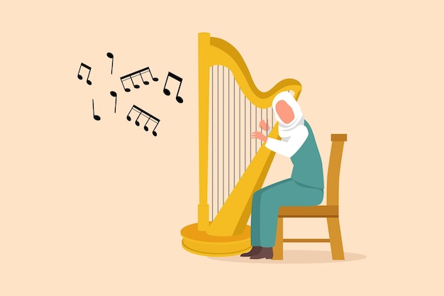 Plik wektorowy biznes płaski rysunek arabska kobieta muzyk grający na harfie znak wykonawca muzyki klasycznej z instrumentem muzycznym kobieta siedzi grając na harfie postać z kreskówki projekt ilustracji wektorowych
