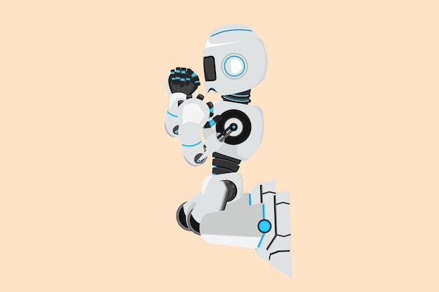 Biznes płaski rysunek szczęśliwy robot klęczący obiema rękami tak gest Sukces biznes cel cel Humanoidalny robot cybernetyczny organizm Przyszły rozwój robotów Ilustracja kreskówka projekt wektor