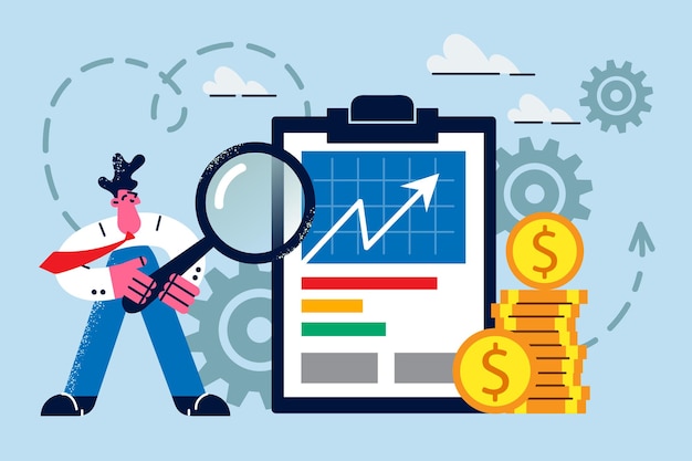 Biznesmen analizuje trendy finansowe trzymając szkło powiększające