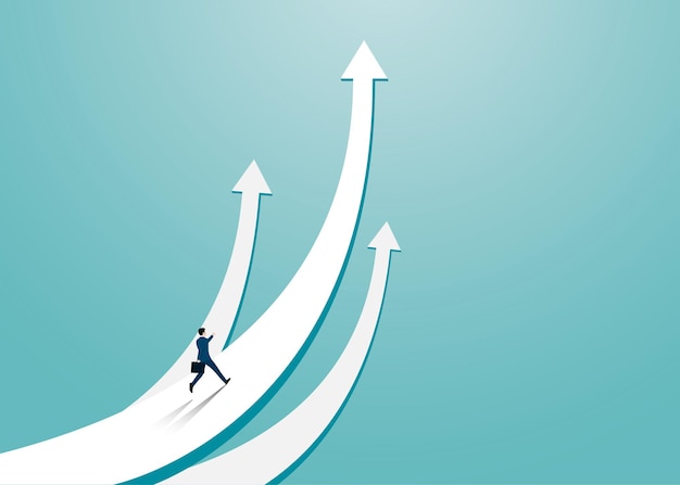 Biznesmen Działa Na Strzałkę Skierowaną W Górę. Biznesmen W Kierunku Strzałki Skierowanej W Górę Kierunku Przezwyciężenia Koncepcji Recesji Gospodarki. Przywództwo, Startup, Wizja, Ilustracja Wektorowa Płaska