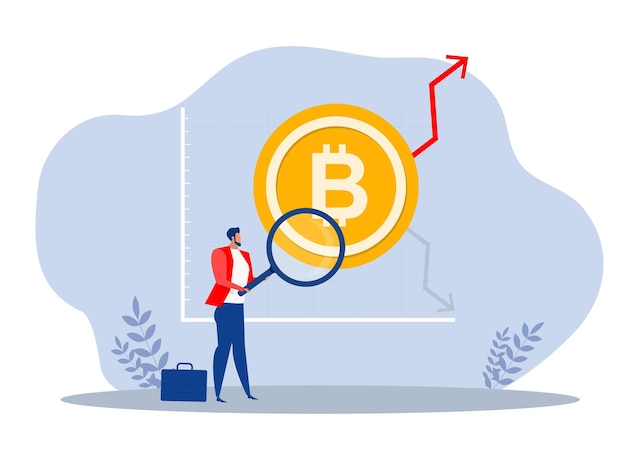 biznesmen-inwestor patrzy wysoko na wznoszące się strzały z symbolu Bitcoin z czerwonym wykresem i ilustratorem wektorów wykresów