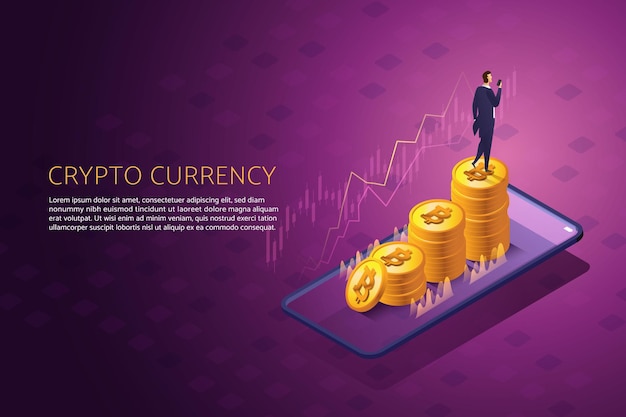 Biznesmen korzystający z telefonu komórkowego chodzący po kryptowalucie Bitcoin Coins