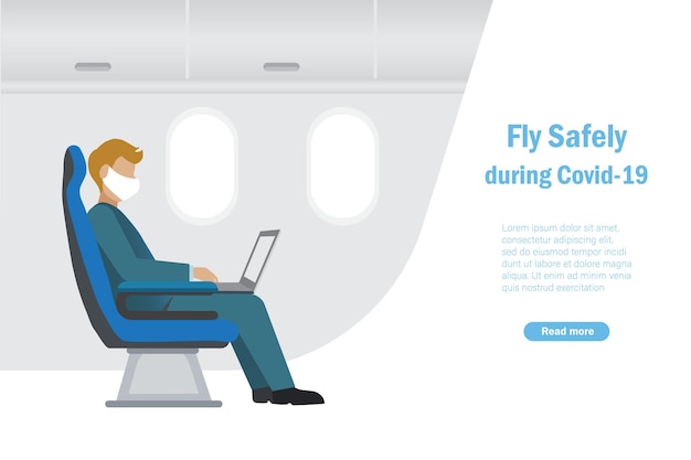 Biznesmen Na Siedzeniu Pasażera W Samolocie Z Maską Na Twarzy Pracuje Na Laptopie Bezpiecznie Podróżuj Bezpiecznie Lataj Podczas Koncepcji Covid19