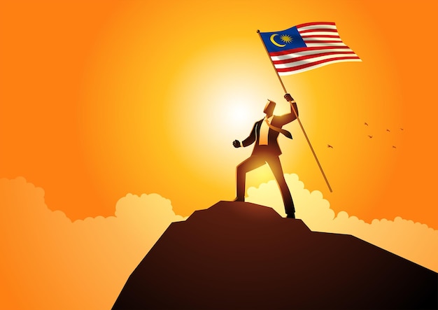 Biznesmen Optymistycznie Stojący Na Górze Trzymający Flagę Malezji