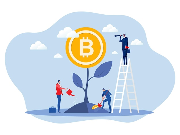 Biznesmen podlewania drzewa pieniędzy z bitcoinami wzrostu analityk finansów przyszłości Wektor