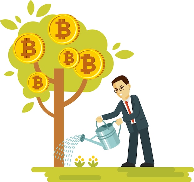 Biznesmen Podlewanie Kryptowaluty Bitcoin Tree