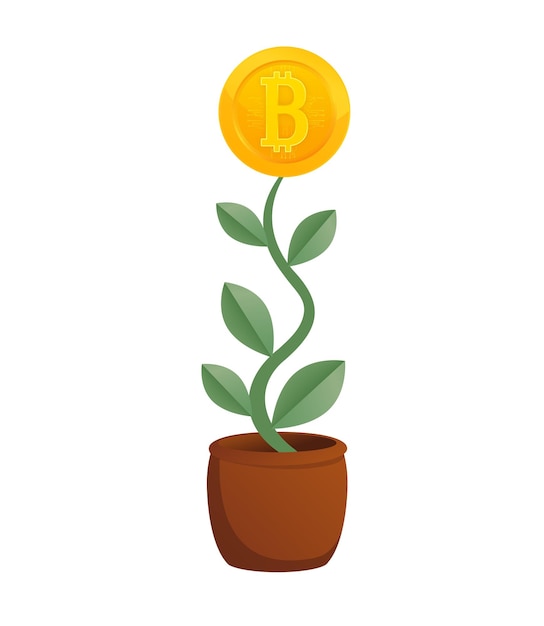 Biznesmen ręcznie podlewa drzewo pieniężne kryptowalutą bitcoin Vector