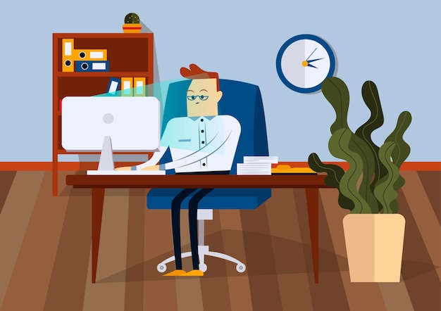 Plik wektorowy biznesmen siedzi na krześle biurowym przy biurku komputera. patrzy na monitor komputera. przedni widok. kolorowa ilustracja kreskówka wektor