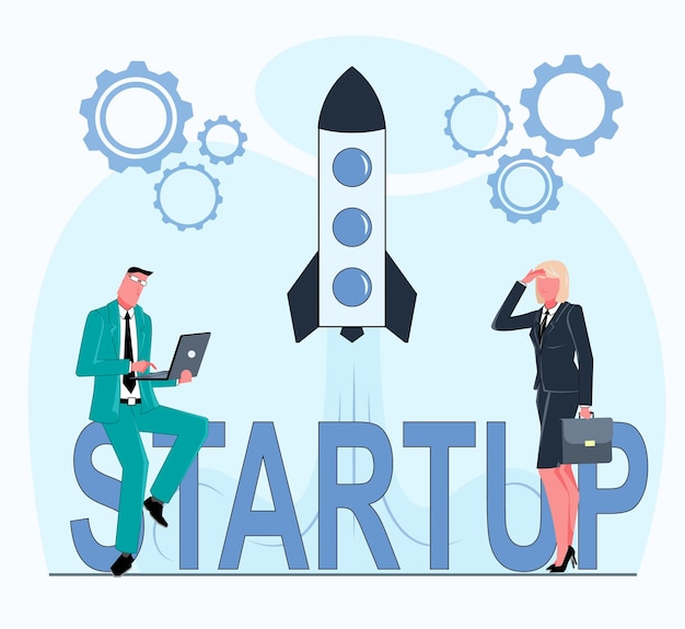 biznesmen siedzi na szyldie startupu i pracuje na laptopie obok niego stoi bizneswoman