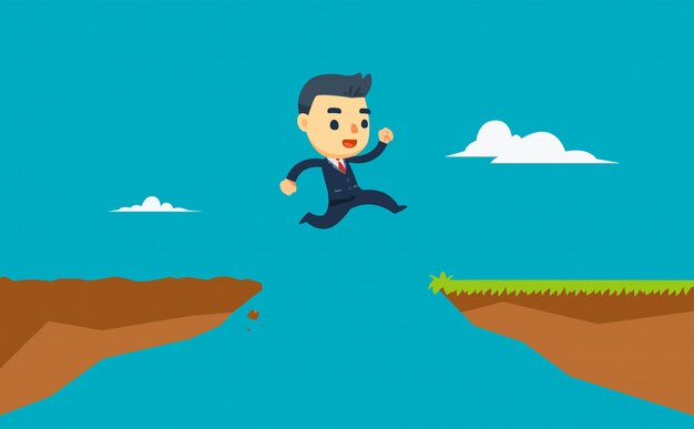Biznesmen skacze między dwoma klifami. ilustracji wektorowych