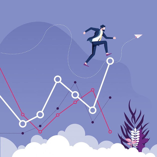 Biznesmen Skacze Na Wyższy Poziom Wykresu. Biznes Rośnie Koncepcja