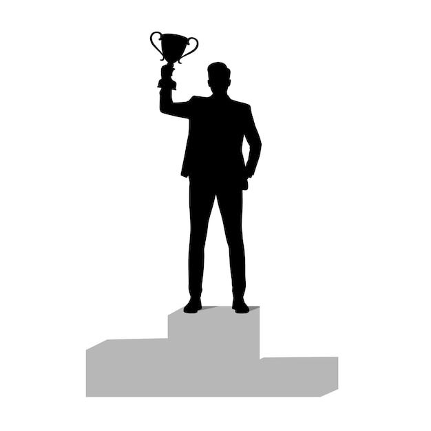 Biznesmen trzymający zwycięskie trofeum szczęśliwy człowiek z sylwetką pucharu trofeum najlepszy biznesmen