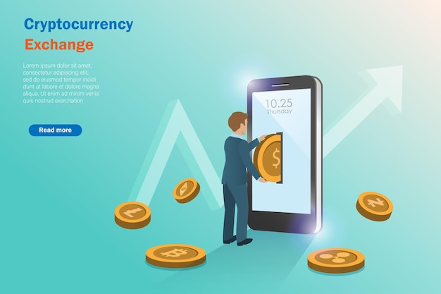 Biznesmen wkładał złote monety do wymiany smartfona na kryptowaluty Inwestycje finansowe