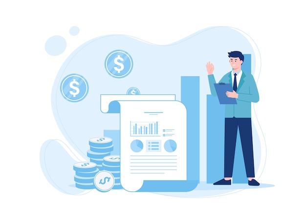 Biznesmen z udanymi operacjami finansowymi diagram koncepcji ilustracji płaskiej
