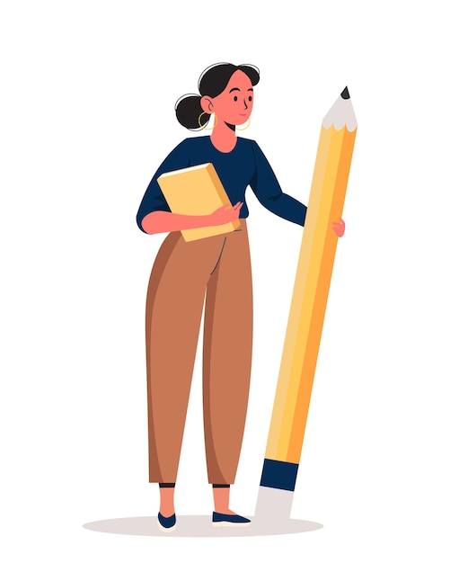 Biznesowa kobieta trzyma dużego ołówek. Pewna pisarka lub menedżer treści stoi z piórem