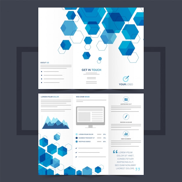 Plik wektorowy biznesowa ulotka trójwarstwowa lub projekt ulotki z niebieskimi sześciokątnymi kształtami.