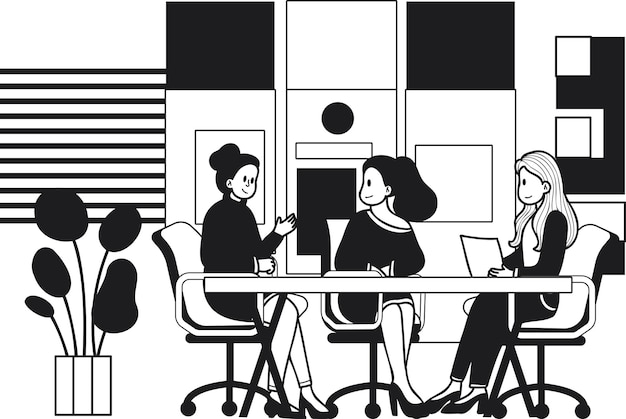Biznesowe kobiety spotykają się w sali konferencyjnej ilustraci w doodle stylu