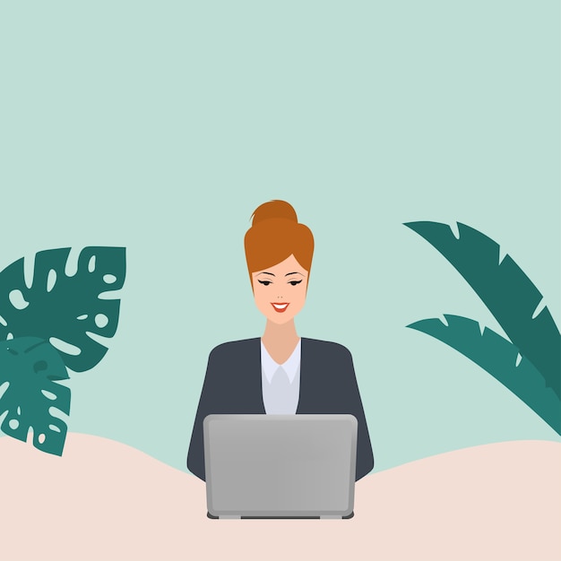 Plik wektorowy biznesowej kobiety pracujący charakter z laptopem na biurku.