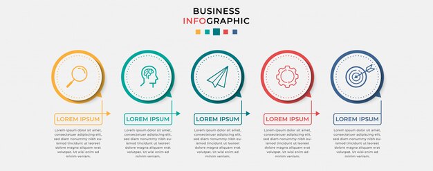 Biznesowy Plansza Szablon Projektu Z Ikonami I 5 Pięcioma Opcjami Lub Krokami. Może Być Używany Do Diagramów Procesów, Prezentacji, Układu Przepływu Pracy, Banera, Schematu Blokowego, Wykresu Informacyjnego