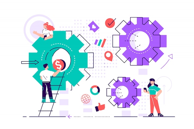 Biznesowy pojęcie ilustracja, mali ludzie łączy mechanizm, biznesowy mechanizm, abstrakcjonistyczny tło z przekładniami, ludzie angażuje w promocję biznesu, analiza strategii. Płaski styl