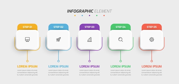 Biznesowy szablon Infografika Kreatywny projekt z kwadratową ikoną etykiety i 5 krokami do prezentacji