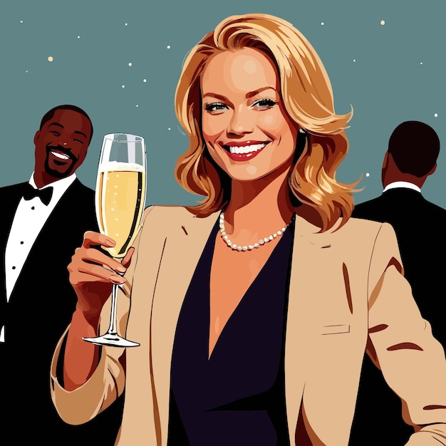 Plik wektorowy bizneswoman trzymająca szampana toasting do sukcesu ilustracja wektora
